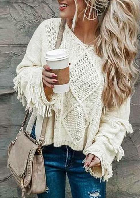 

Sweaters Tassel Knitted Long Sleeve Loose Pullover Sweater in Beige. Size