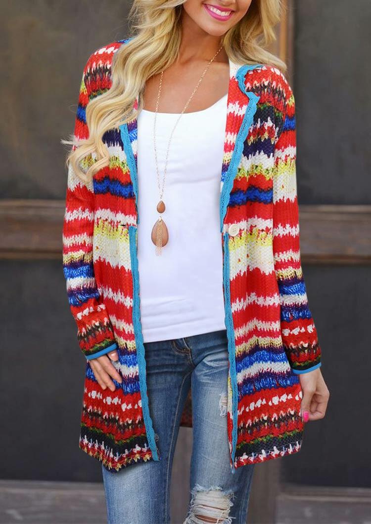 Colorful Striped Button Long Sleeve Knitted Cardigan