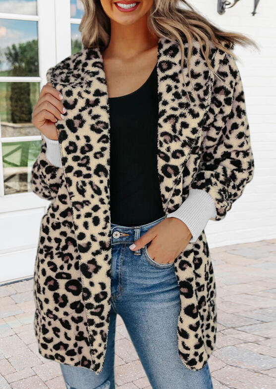 

Coats Leopard Elastic Cuff Lapel Hooded Coat in Leopard. Size