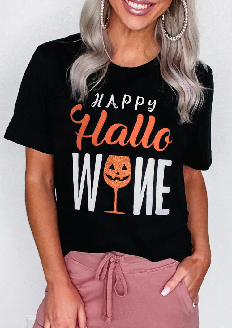 

Halloween Pumpkin Face Happy Hallowine T-Shirt Tee - Black, 485476
