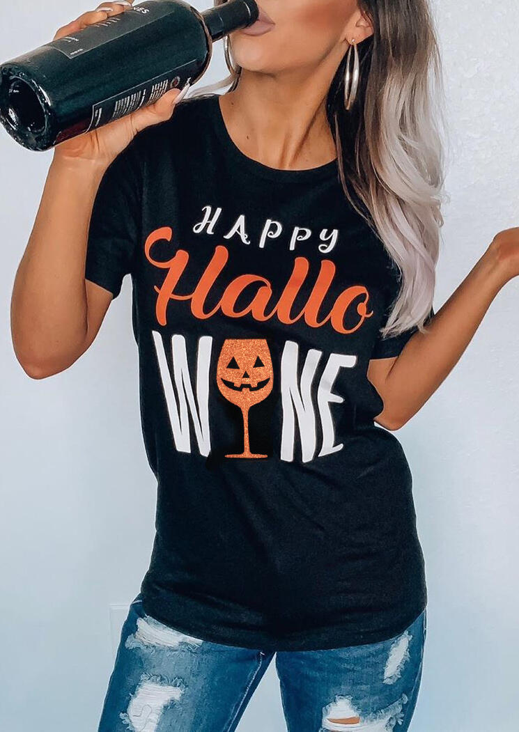 

T-shirts Tees Halloween Pumpkin Face Happy Hallowine T-Shirt Tee in Black. Size