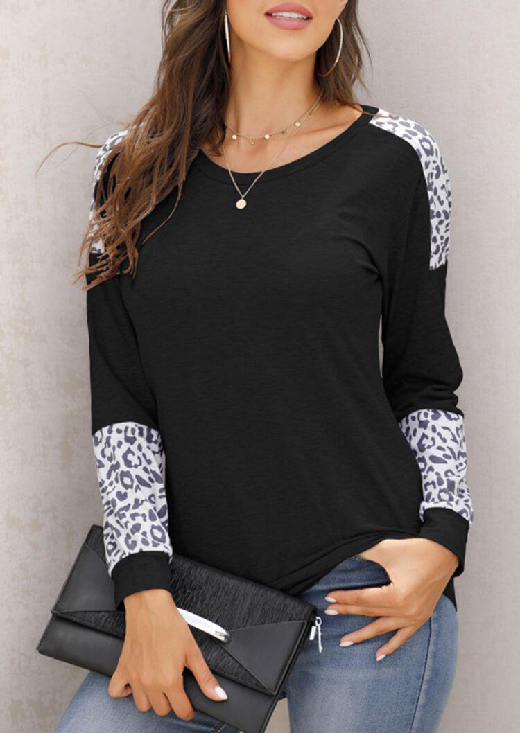 

Leopard Splicing Long Sleeve Blouse - Black, 485495