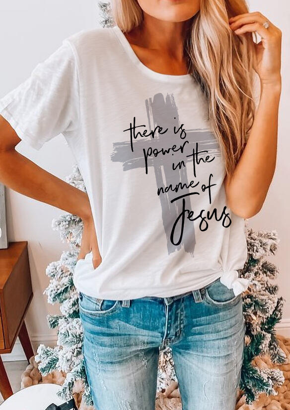 

Tees T-shirts Cross Jesus Letter O-Neck T-Shirt Tee in White. Size