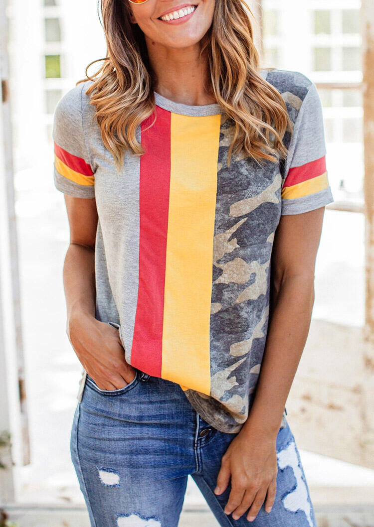 

Blouses Camouflage Striped Splicing O-Neck Blouse in Multicolor. Size