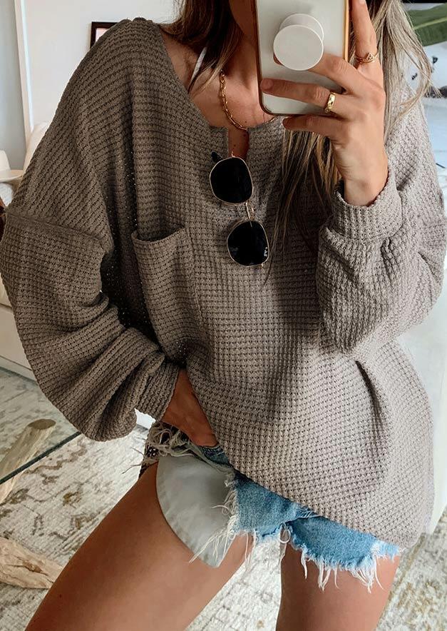 

Waffle Pocket V-Neck Long Sleeve Blouse - Gray, 485537