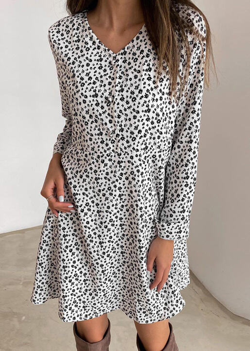

Mini Dresses Floral Button Elastic Waist V-Neck Mini Dress in White. Size