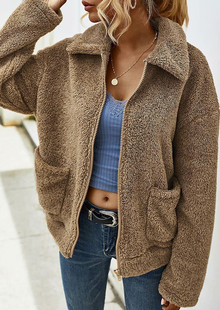 

Coats Pocket Zipper Drop Shoulder Fleece Coat in Khaki. Size