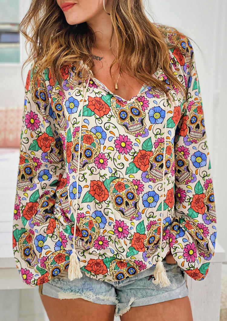 

Blouses Colorful Floral Skull Tassel Drawstring Blouse in Multicolor. Size