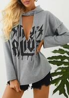 Letter Cut Out Drawstring Long Sleeve Hoodie