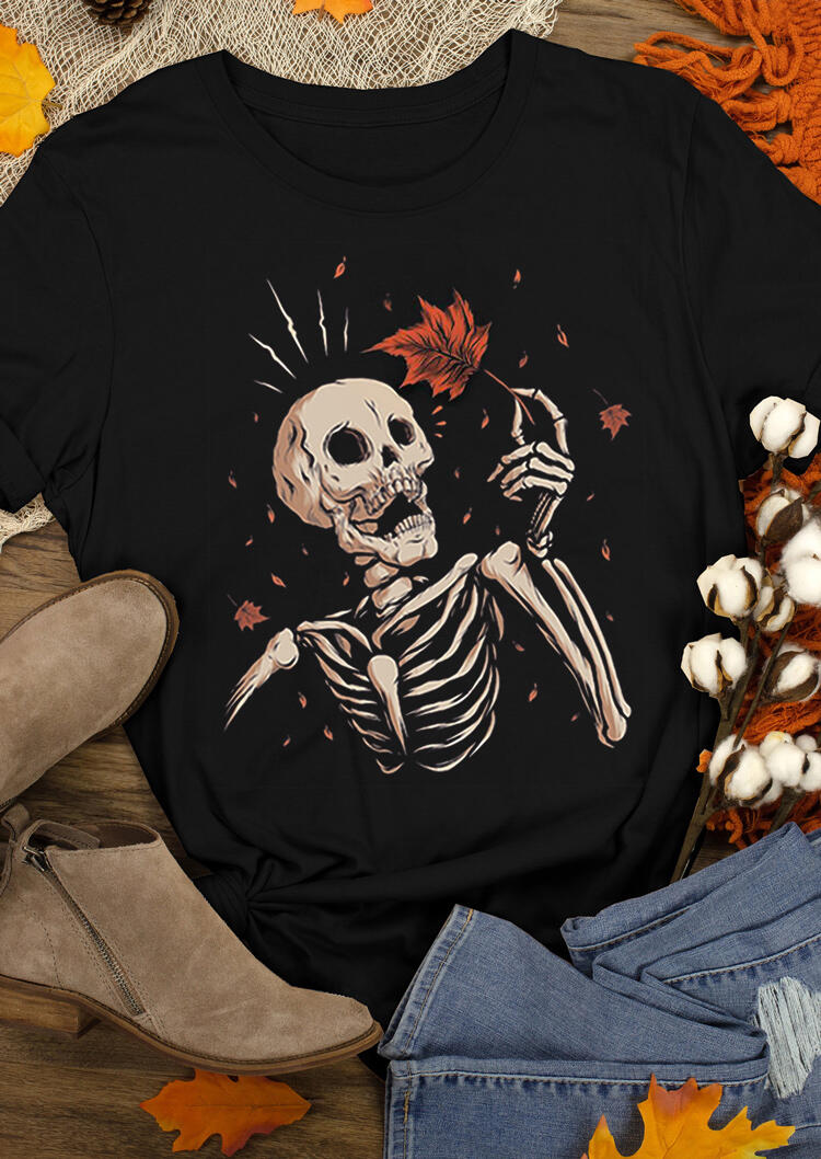 

T-shirts Tees Skeleton Maple Leaf Autumn T-Shirt Tee in Black. Size: ,M,XL