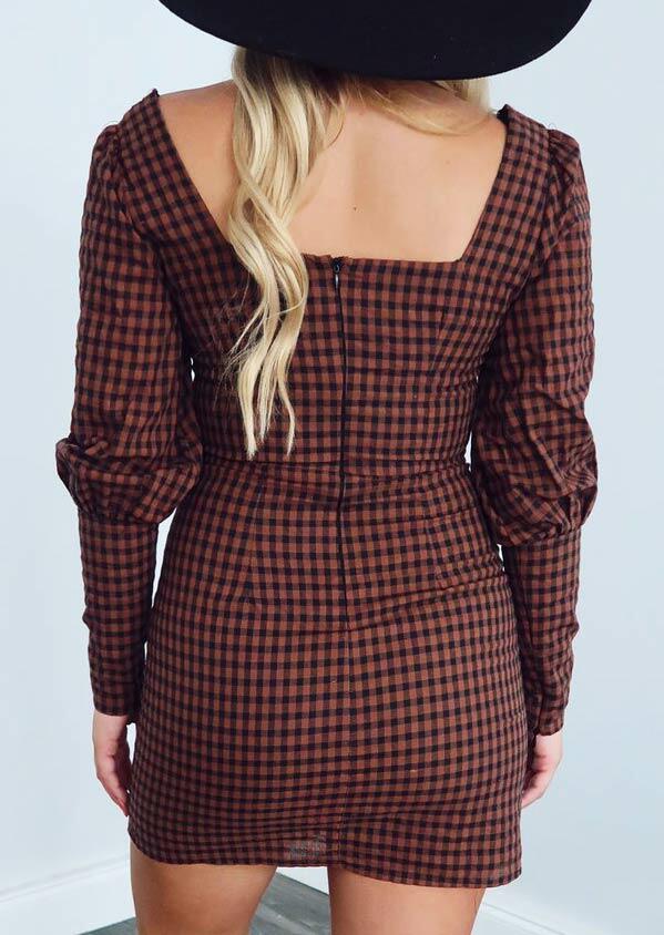 

Mini Dresses Plaid Button Square Collar Long Sleeve Mini Dress in Plaid. Size: ,M,L,XL