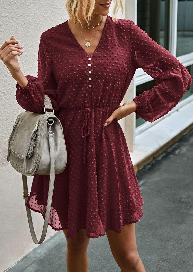 

Dotted Swiss Ruffled Tie Button Elastic Cuff Mini Dress - Burgundy, 485625