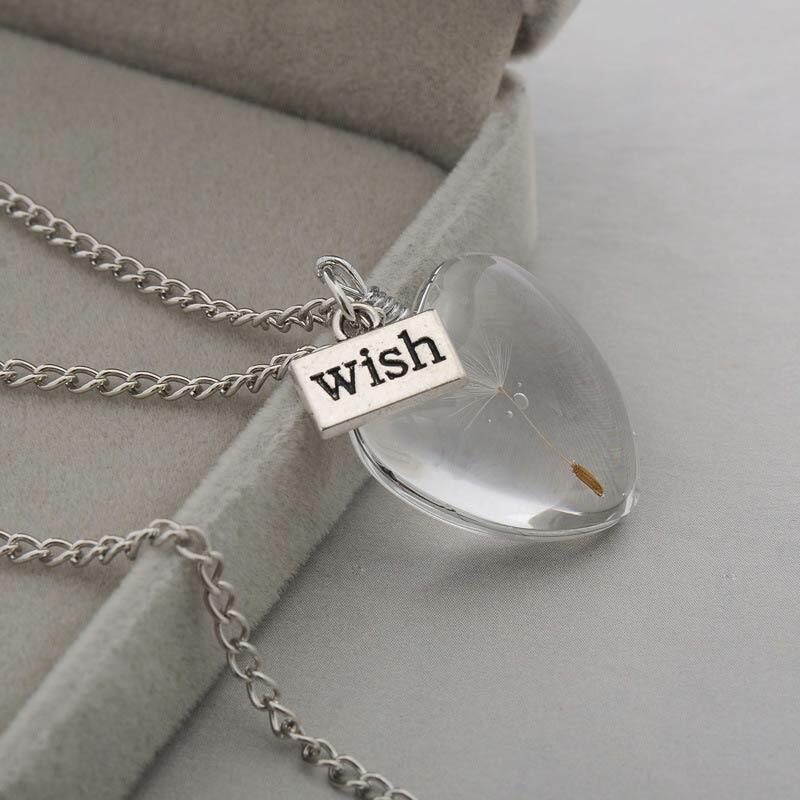 Heart  Dandelion Wish Pendant Crystal Necklace