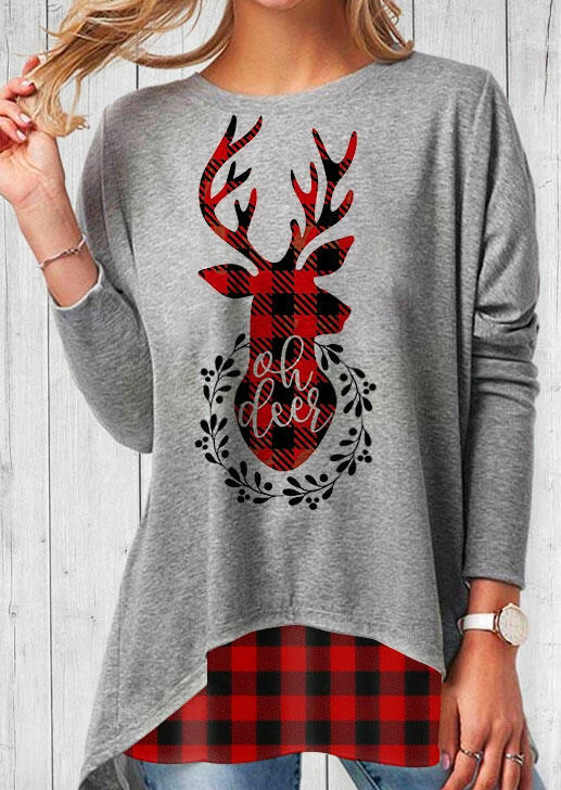 

Blouses Christmas Buffalo Plaid Splicing Reindeer Long Sleeve Blouse in Gray. Size