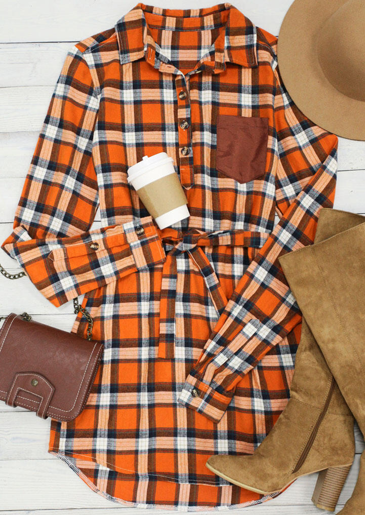 

Plaid Pocket Button Long Sleeve Mini Shirt Dress - Orange, 485109