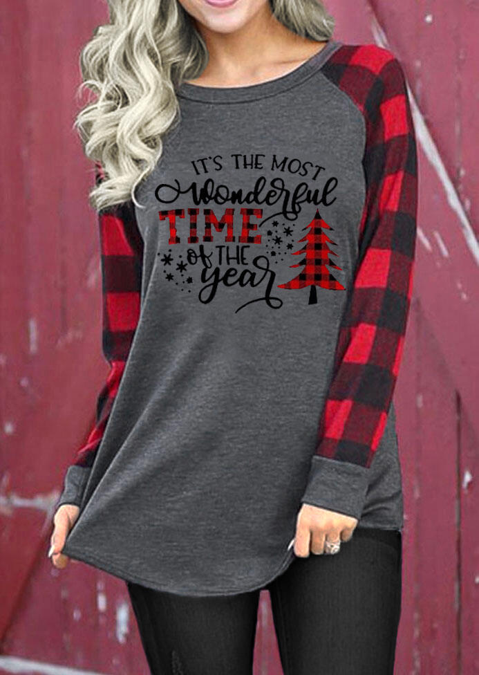 

Tees T-shirts Christmas Tree Buffalo Plaid Wonderful Time T-Shirt Tee in Dark Grey. Size