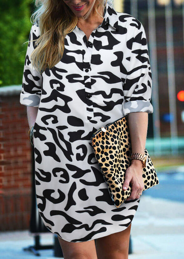 Leopard Button Long Sleeve Asymmetric Mini Dress
