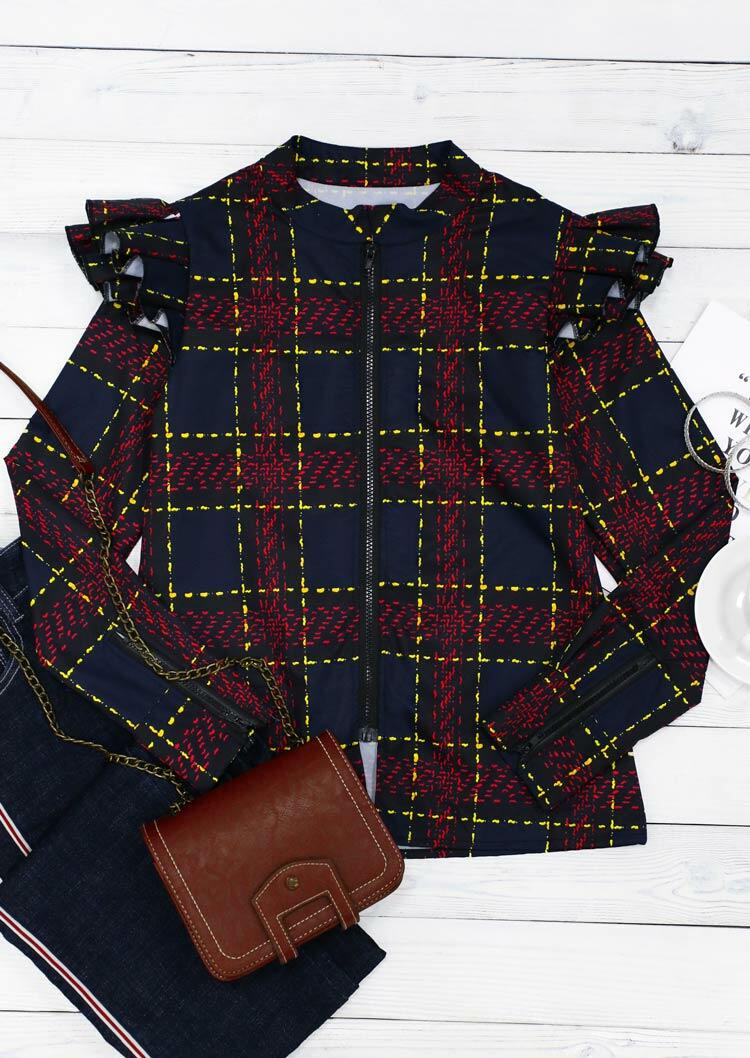 

Coats Plaid Ruffled Zipper Long Sleeve Coat in Plaid. Size: ,M,L