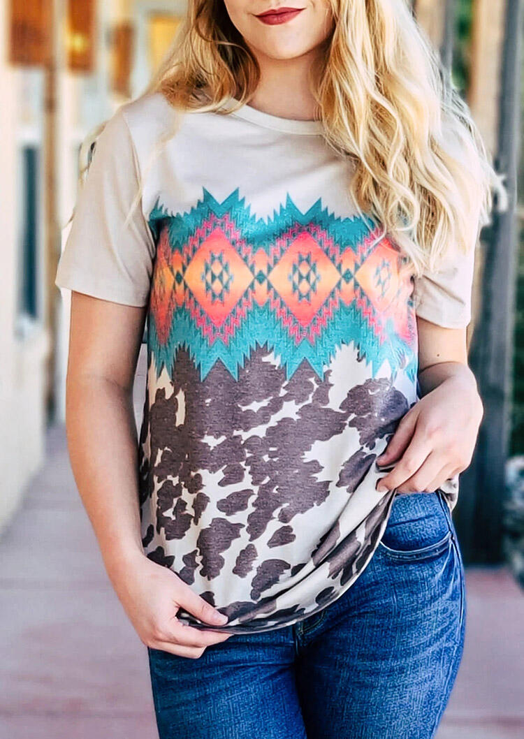

Blouses Cow Aztec Geometric O-Neck Blouse in Multicolor. Size