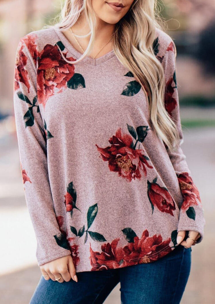 

Blouses Floral Splicing V-Neck Long Sleeve Blouse in Cameo Brown. Size
