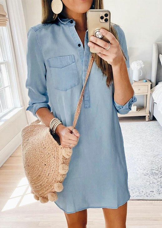 

Mini Dresses Pocket Button Long Sleeve Denim Mini Dress in Light Blue. Size