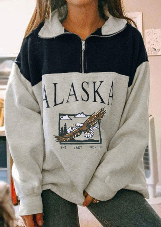 

Sweatshirts Alaska The Last Frontier Eagle Zipper Collar Sweatshirt in Light Grey. Size