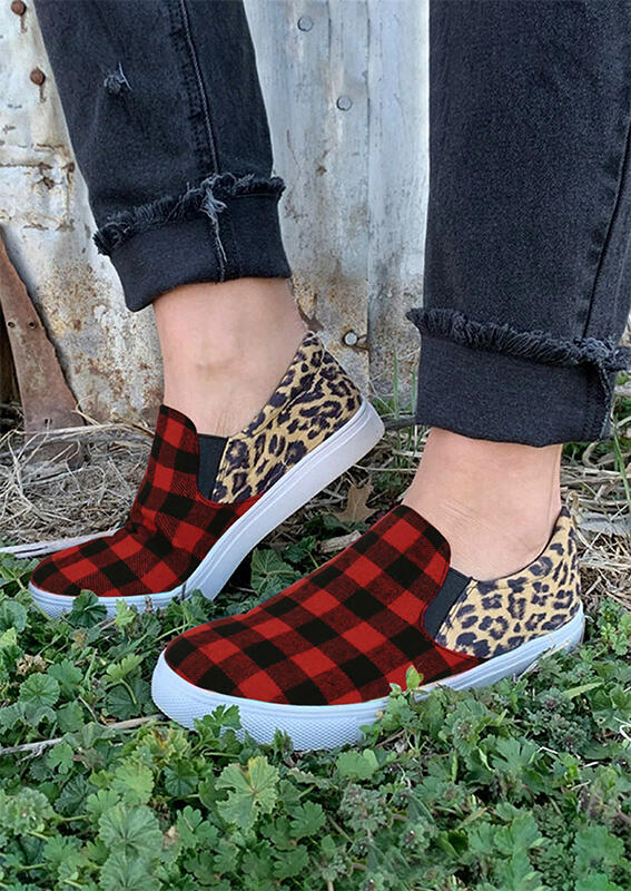 Leopard Buffalo Plaid Splicing Flat Sneakers - Red