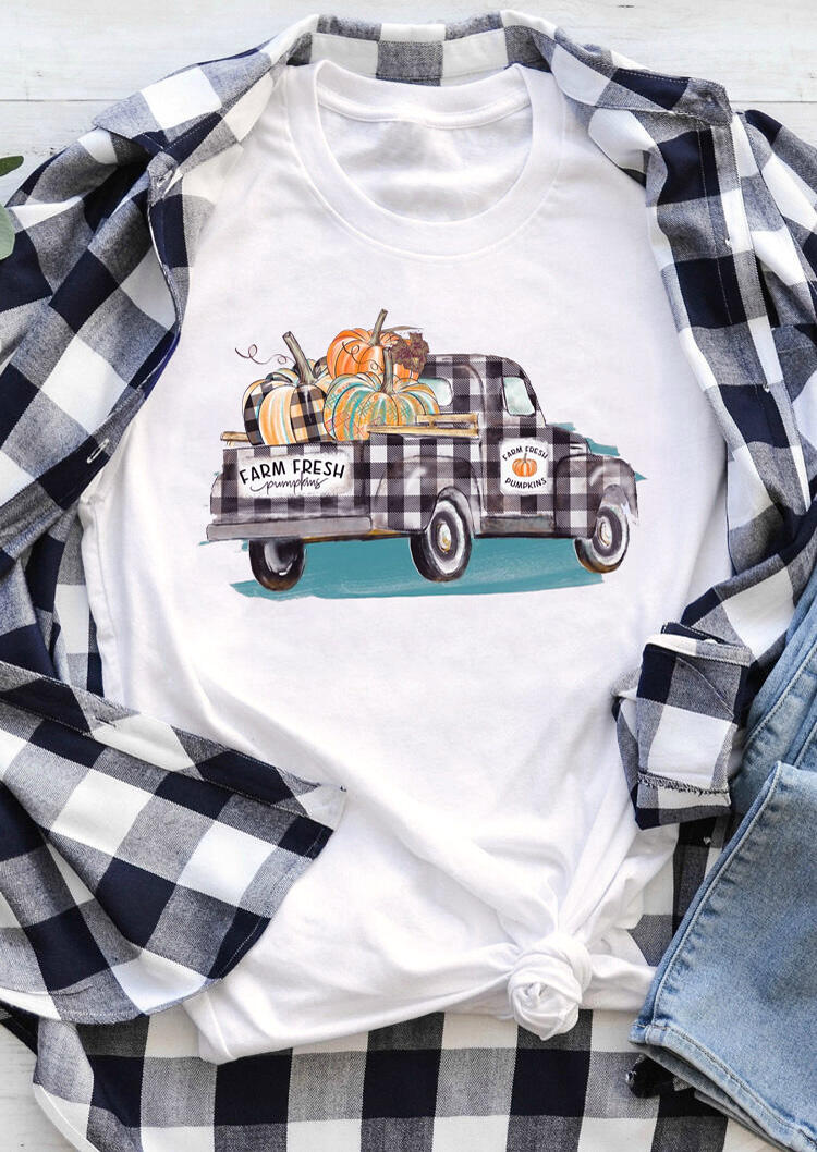 

Farm Fresh Pumpkins Plaid Truck T-Shirt Tee - White, 485618
