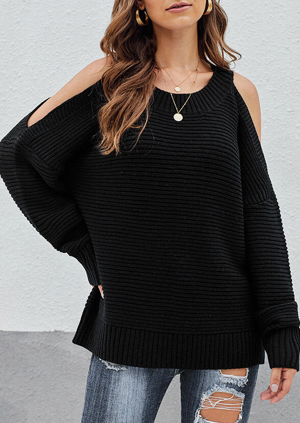 

Sweaters Cold Shoulder Long Sleeve Loose Knitted Sweater in Black. Size