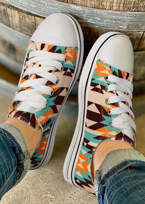 

Geometric Lace Up Flat Canvas Sneakers, Multicolor, 485655