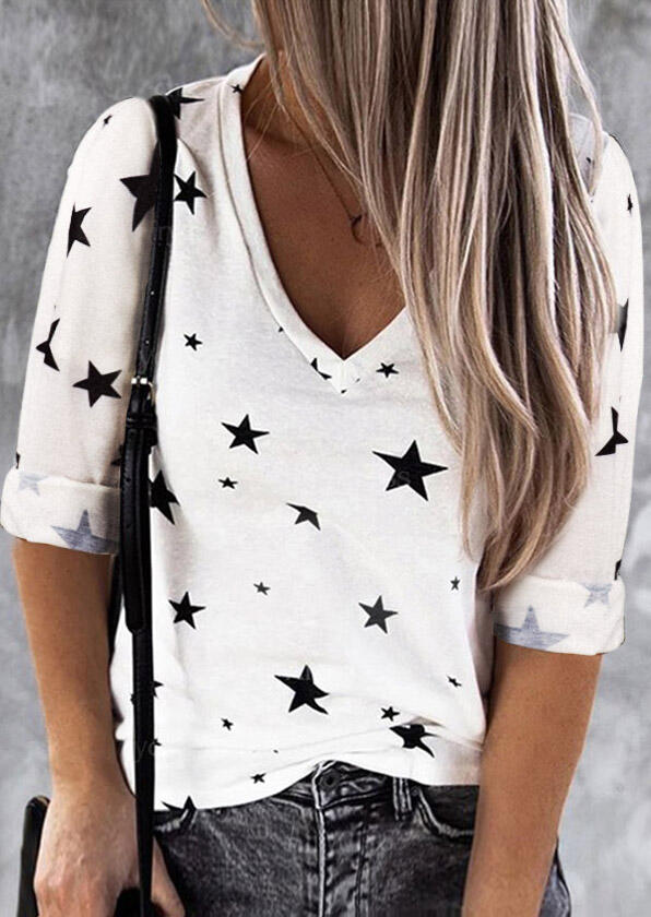 

Star V-Neck Long Sleeve Casual Blouse - White, 485664