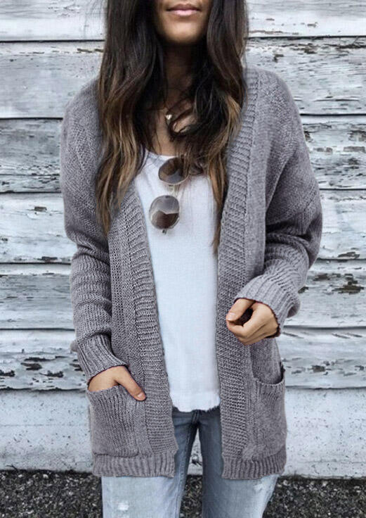 Pocket Knitted Open Front Sweater Cardigan - Gray