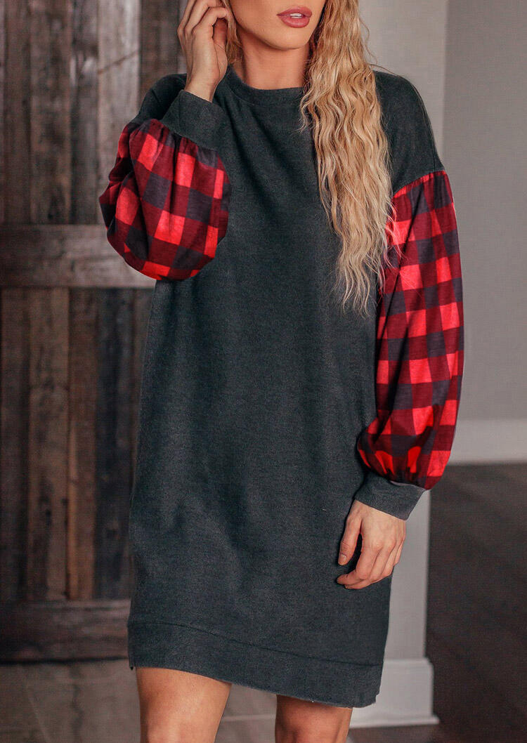 

Mini Dresses Buffalo Plaid Lantern Sleeve Mini Dress in Dark Grey. Size: ,M,L