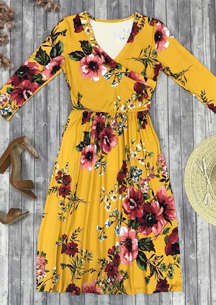 Floral Ruffled V-Neck Wrap Casual Dress - Yellow