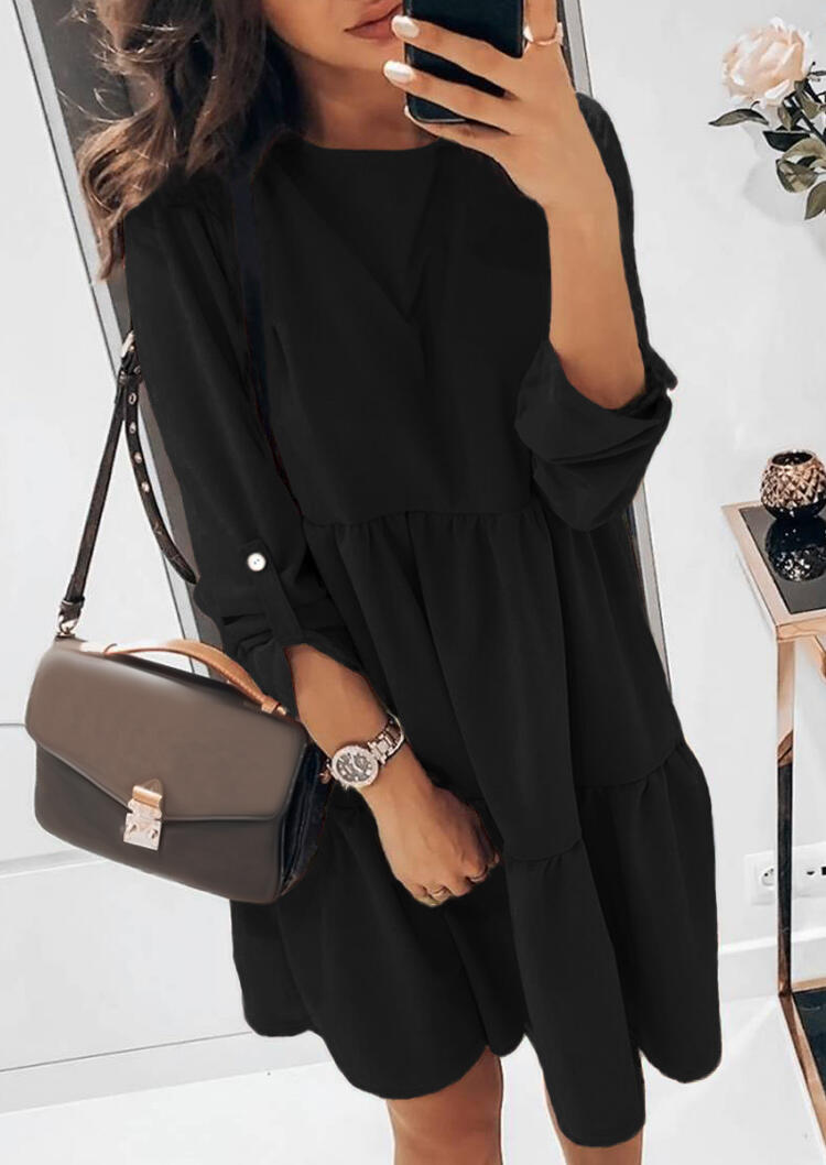

Mini Dresses Ruffled Button O-Neck Tab-Sleeve Mini Dress in Black. Size
