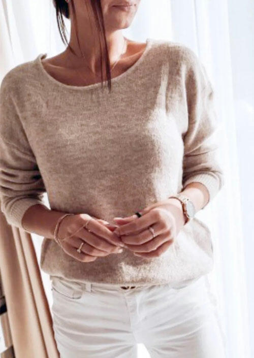 

Sweaters Lace Splicing Hollow Out Long Sleeve Sweater in Light Brown. Size