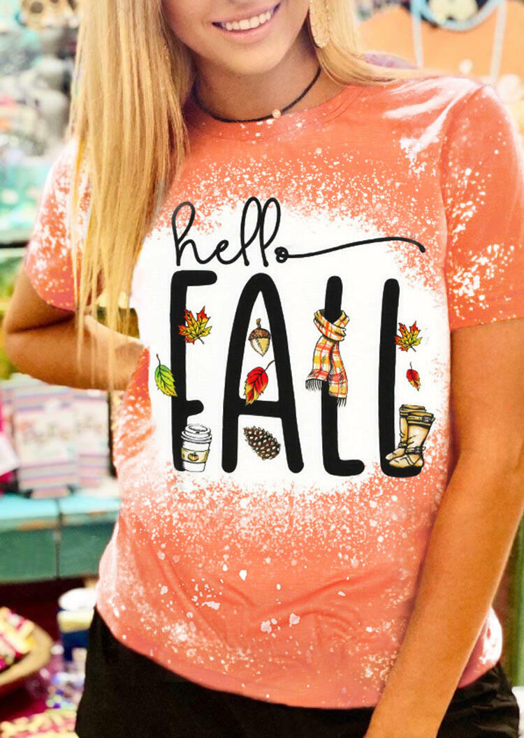 

Hello Fall Maple Leaf Bleached T-Shirt Tee - Orange, 482805
