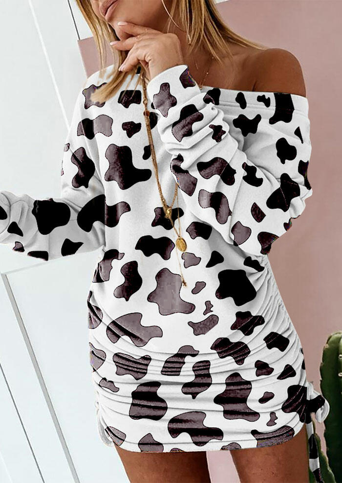 

Cow Drawstring Tie Ruched Long Sleeve Mini Dress - White, 485678