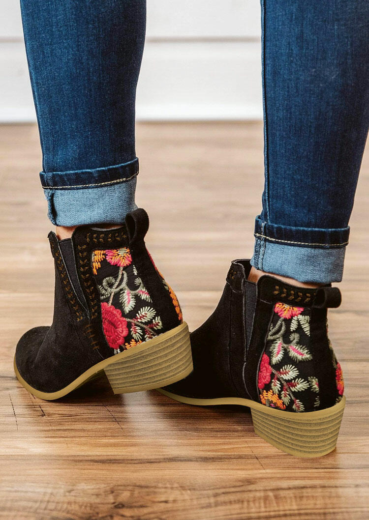 

Floral Splicing Chunky Heel Ankle Boots - Black, 485743