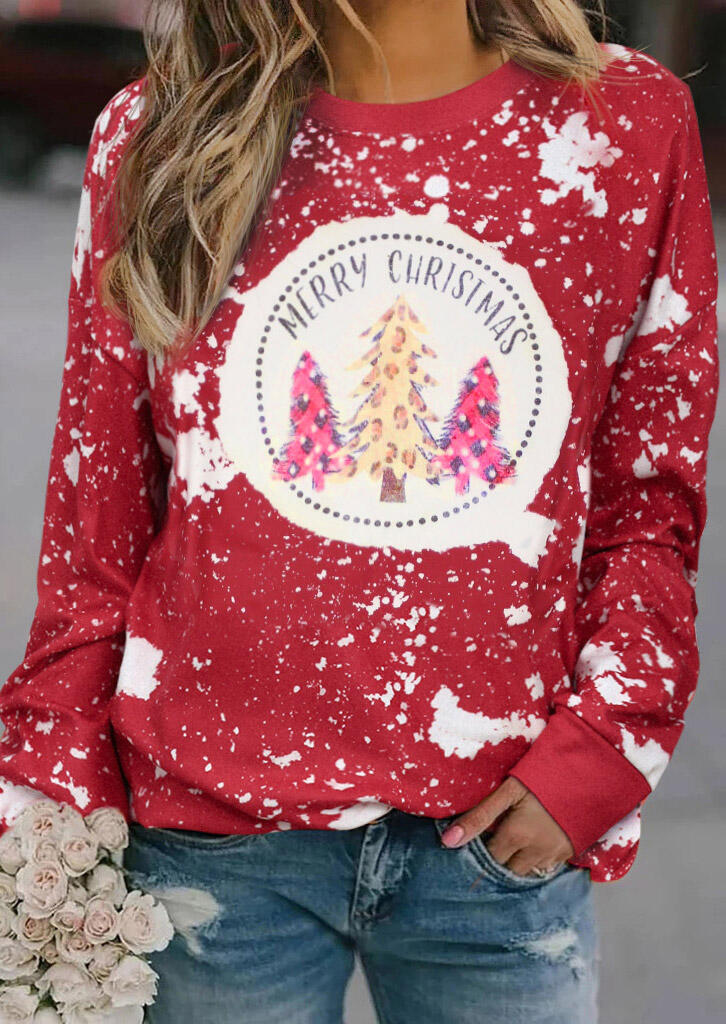 Merry Christmas Tree Leopard Plaid Bleached Sweatshirt - Red арт.485748 нед...