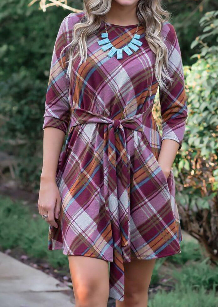 

Plaid Tie Front Pocket Three Quarter Sleeve Mini Dress, 485753