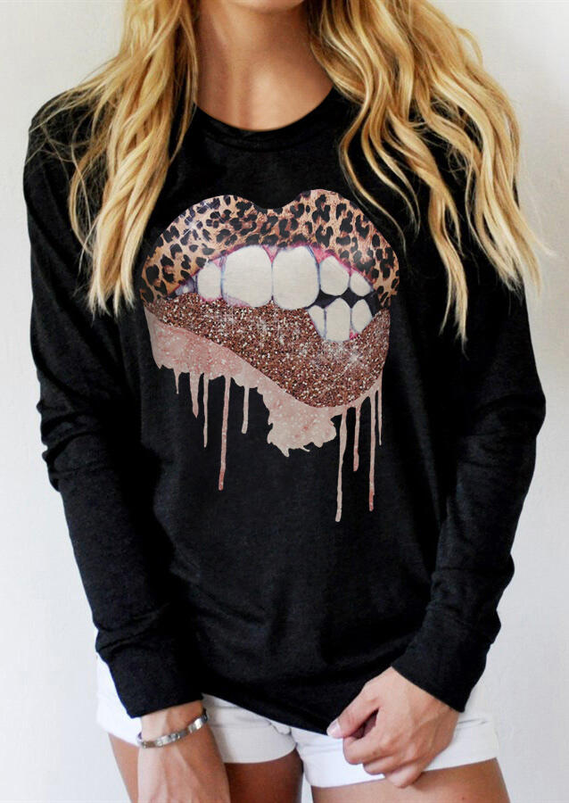 

Sweatshirts Leopard Lips O-Neck Pullover Sweatshirt in Black. Size