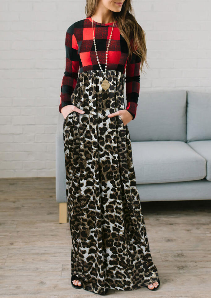 

Christmas Buffalo Plaid Leopard Pocket Long Sleeve Maxi Dress, 485766