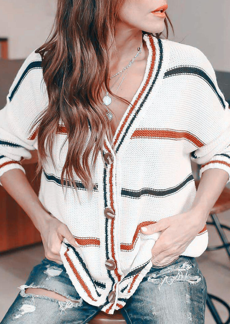 

Sweaters Striped Splicing Button Knitted Sweater in White. Size