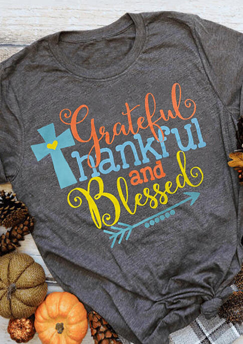 

Tees T-shirts Grateful Thankful And Blessed Cross T-Shirt Tee in Gray. Size