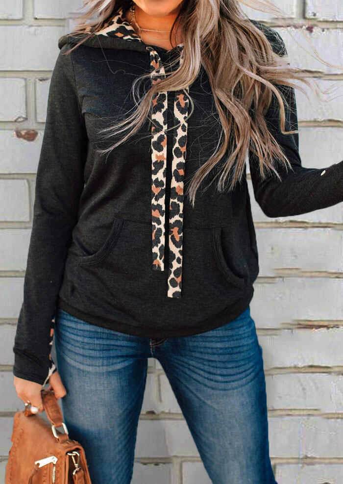 

Leopard Splicing Drawstring Kangaroo Pocket Hoodie - Dark Grey, 485785