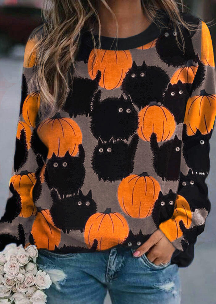 

Halloween Black Cat Pumpkin Pullover Sweatshirt, Multicolor, 485787