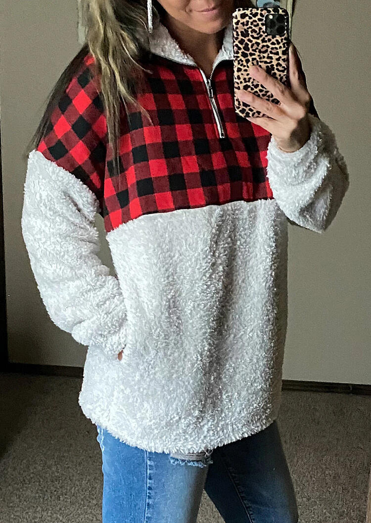 

Sweatshirts Buffalo Plaid Pocket Zipper Collar Fleece Sweatshirt in Red. Size: ,M