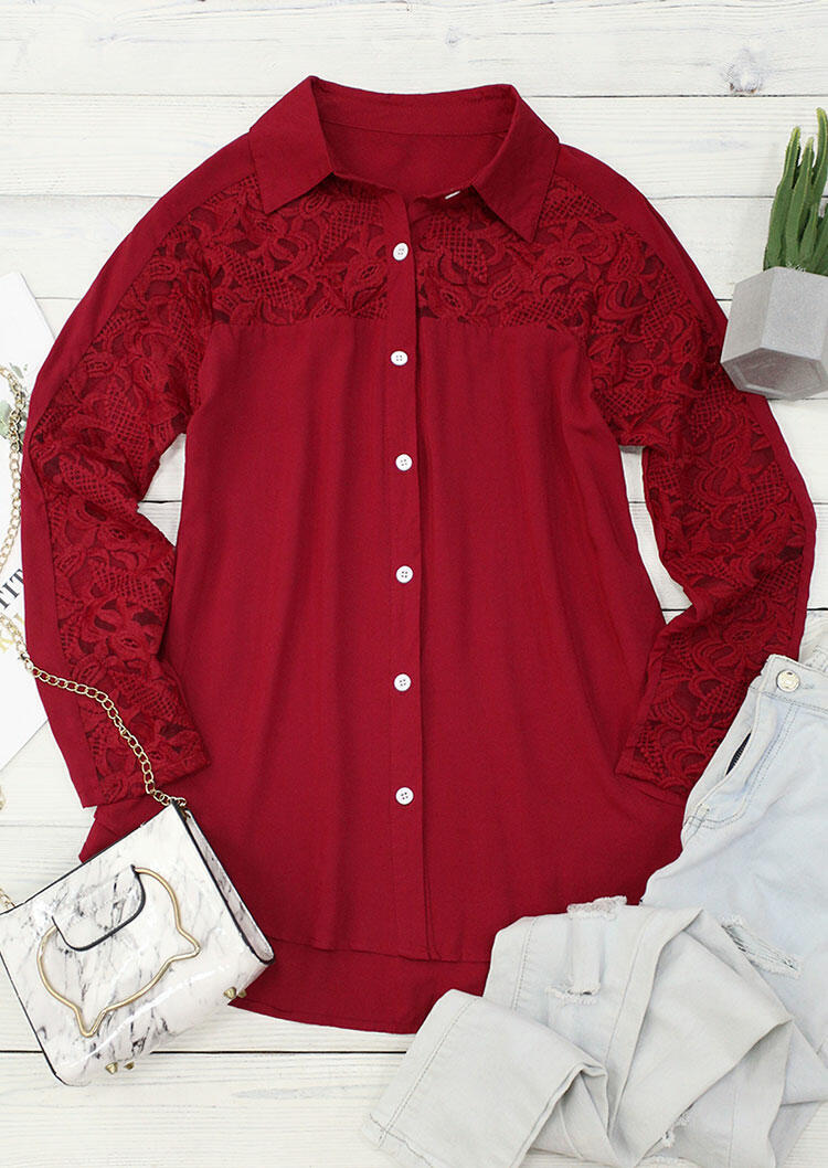 

Shirts Lace Splicing Button Long Sleeve Shirt in Burgundy. Size: ,M,L