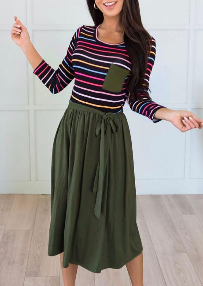 

Casual Dresses Colorful Striped Splicing Pocket Casual Dress in Army Green. Size